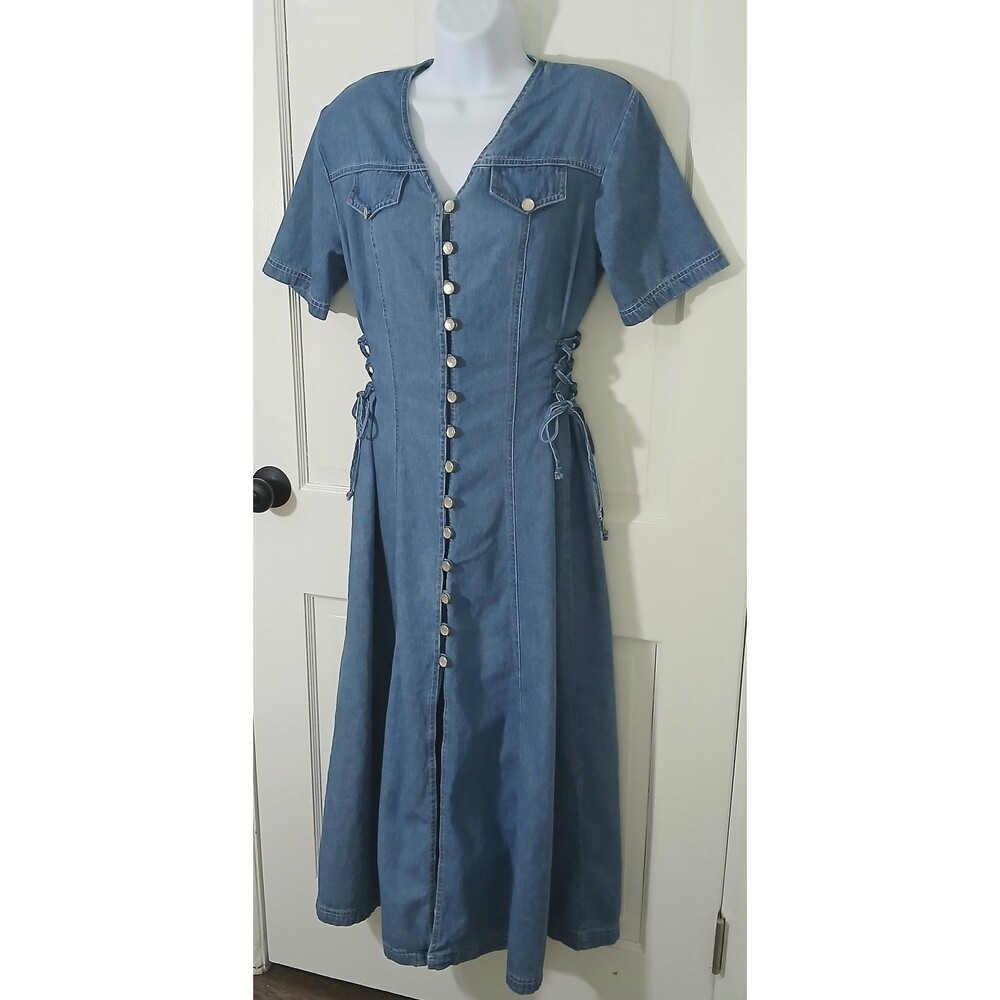 VTG DJ Int’l Denim Midi Dress Size 5/6 Lace Up Corset Sides Button Front 90s Y2K - Picture 6 of 16